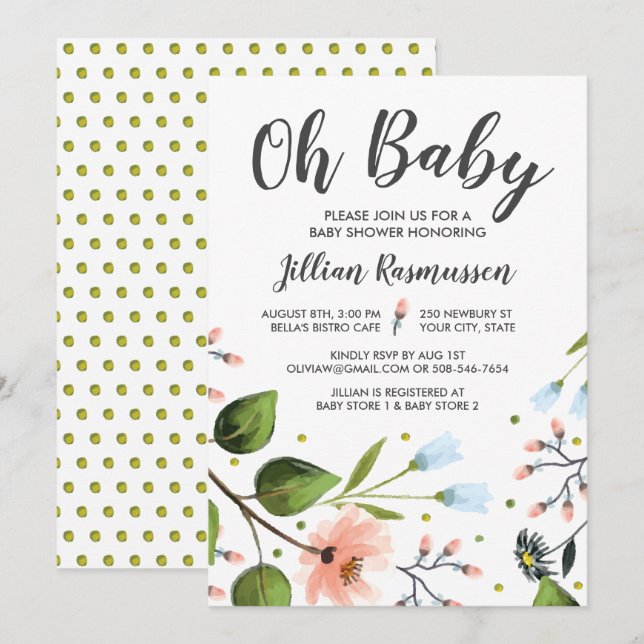 Vattenfärgsblommor Oj Baby, babyvisningsprogrammet Inbjudningar (Fram/baksida)