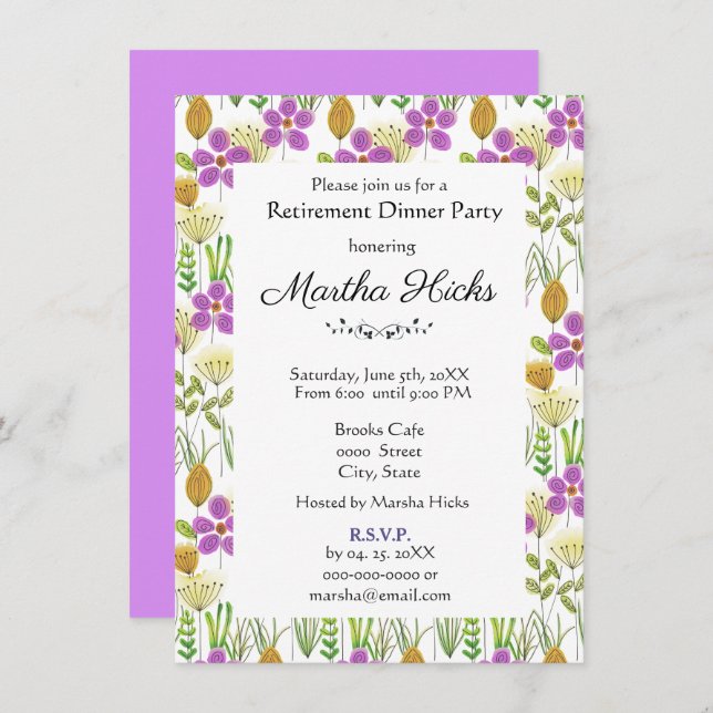 Vattenfärgsblommor Pension Middag Party Inbjudningar (Fram/baksida)