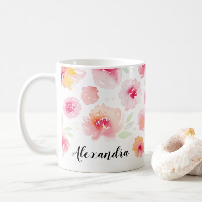 Vattenfärgsblommor Personlig Namn Kaffe Mugg (Med munk)