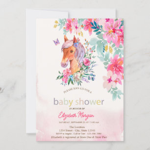 Vattenfärgsblommor Pony Horse Baby Shower Inbjudningar