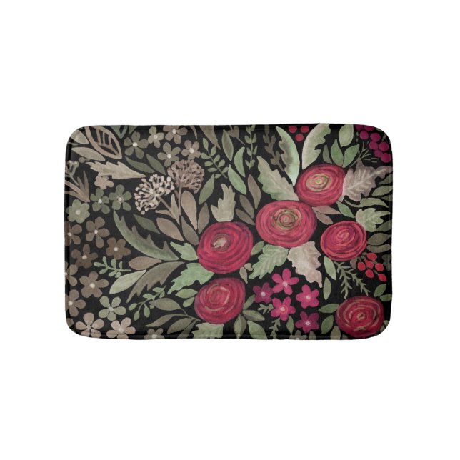 Vattenfärgsblommor röd ros blommor liten blommigt  badrumsmatta (Framsidan)