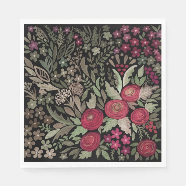 Vattenfärgsblommor röd ros blommor liten blommigt  pappersservett (Framsidan)