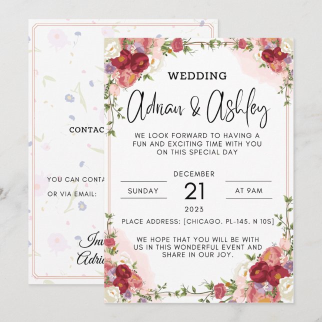 Vattenfärgsblommor röda bröllopsinbjudningar inbjudningar (Fram/baksida)