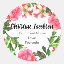 Vattenfärgsblommor Rosa Adress Runt Klistermärke