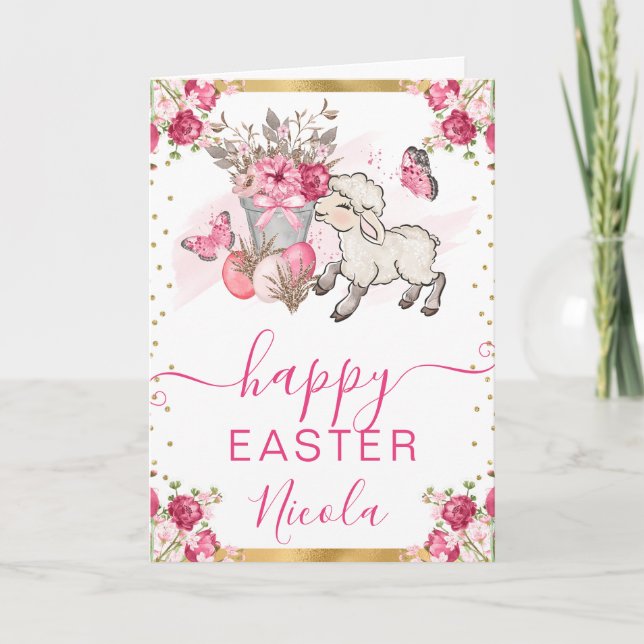 Vattenfärgsblommor Rosa Blommor Lamb Glad påsk Kort (Framsida)