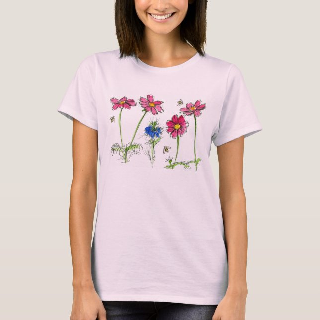 Vattenfärgsblommor Rosa Cosmos Honungsbin T Shirt (Framsida)