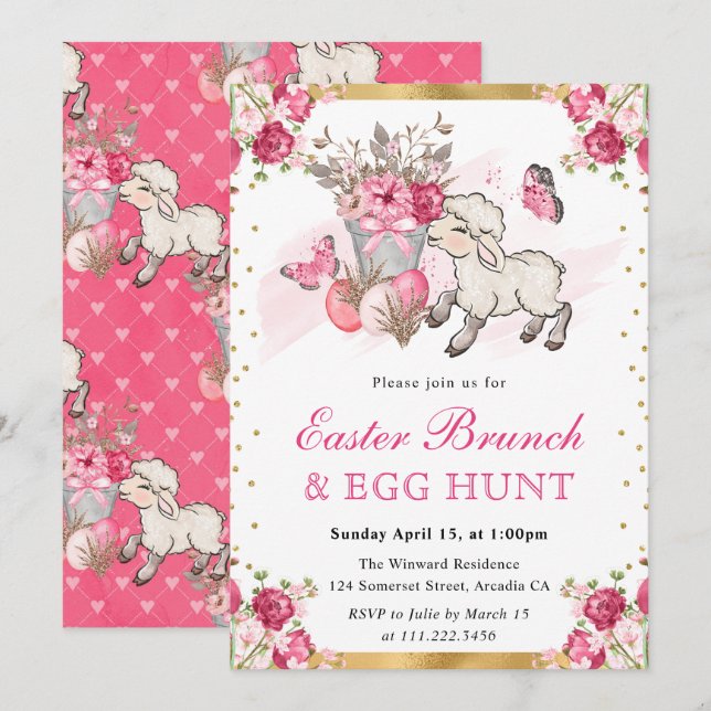 Vattenfärgsblommor Rosa Cute Lamb Påsk Brunch Inbjudningar (Fram/baksida)