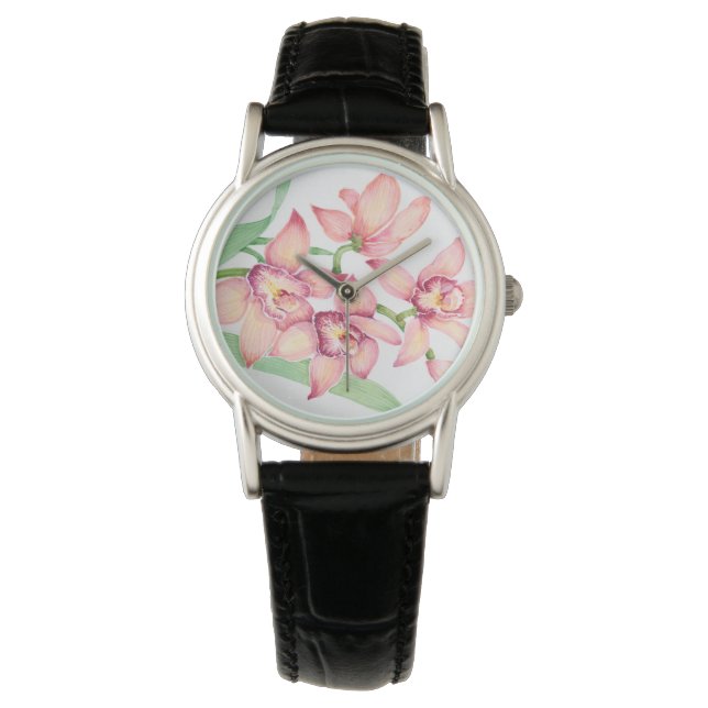 Vattenfärgsblommor Rosa Flowers Armbandsur (Framsida)