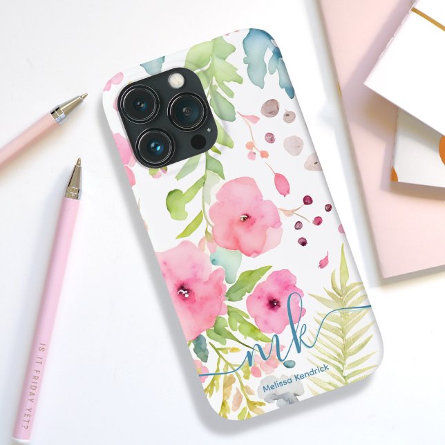 Vattenfärgsblommor Rosa Flowers Ferns Meadow Monog (Watercolor Pink Flowers Ferns Meadow Monogram Name Phone Case. )