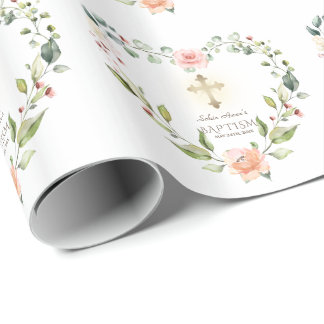 Vattenfärgsblommor Rosa Flowers Guld Kor Girl Bapt Presentpapper