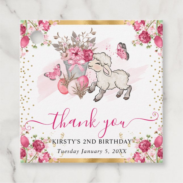 Vattenfärgsblommor Rosa Flowers Vår Lamb Birthday Gåvor Etiketter (Framsida)
