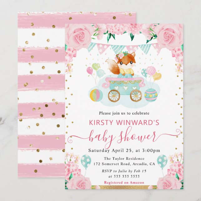 Vattenfärgsblommor Rosa Fox Baby Shower Inbjudningar (Fram/baksida)