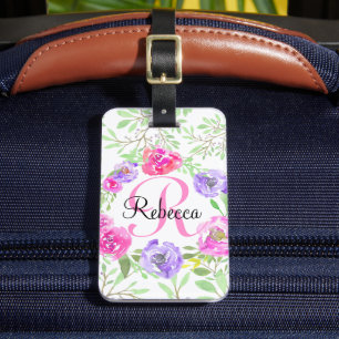 Vattenfärgsblommor Rosa Monogram Bagagebricka