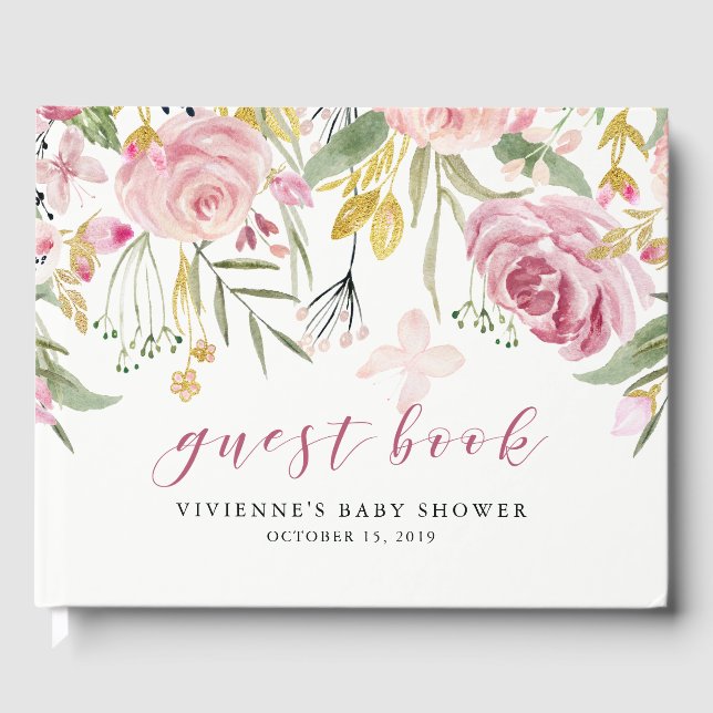 Vattenfärgsblommor | Rosa och Guld Blommigt Party Gästböcker (Framsida)