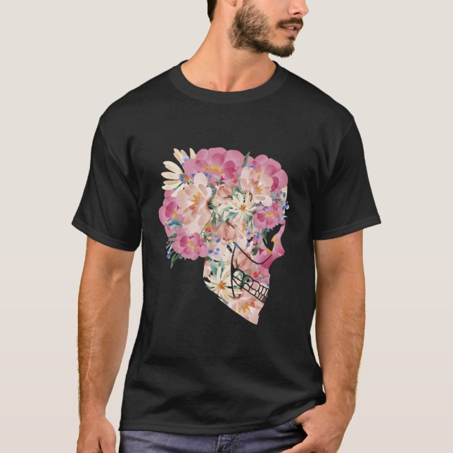 Vattenfärgsblommor Skull Vår Blommigt Daisy Ro T Shirt (Framsida)