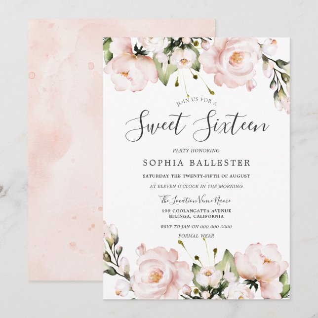  vattenfärgsblommor, sötat 16 Födelsedagsfester Inbjudningar (Fram/baksida)