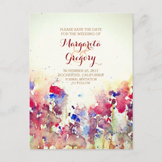 Vattenfärgsblommor sparar datumvykort meddelande vykort (Framsida)