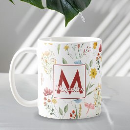 Vattenfärgsblommor Vild Flowers Namn Blommigt Mono Kaffemugg