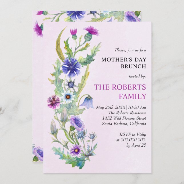 Vattenfärgsblommor vild rosa Mors dag brunch Inbjudningar (Fram/baksida)