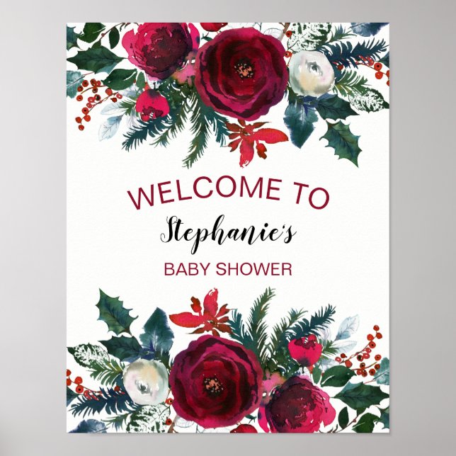 Vattenfärgsblommor Winter Burgundy Flowers Poster (Framsidan)