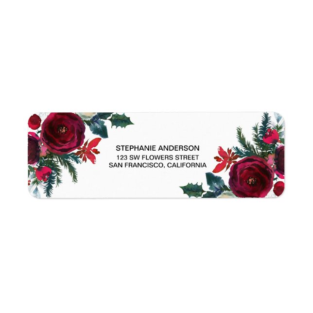 Vattenfärgsblommor Winter Burgundy Flowers Returadress Etikett (Framsidan)