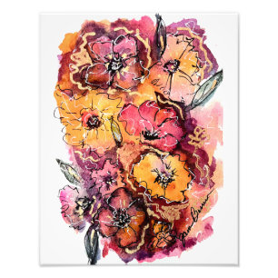 Vattenfärgsblomning Rosa, Orange och Magenta Fototryck
