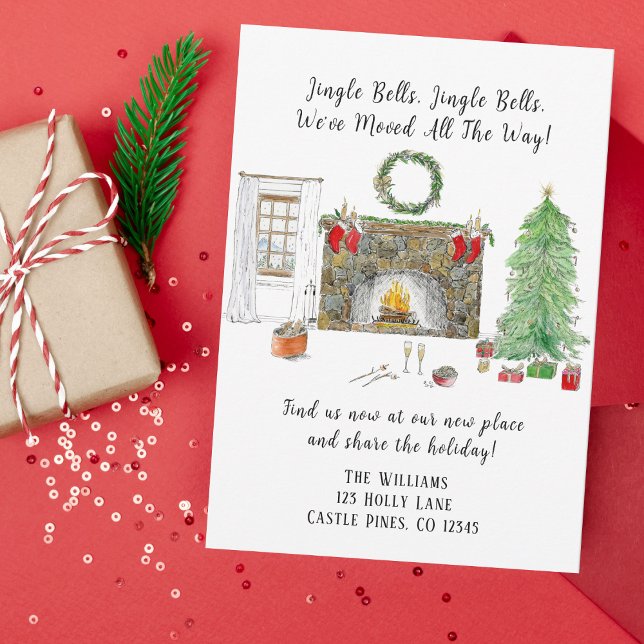 Vattenfärgsboende i Julafton med Flytta vid brand Meddelande (Capture the warmth and festivity of your move with this delightful card.)
