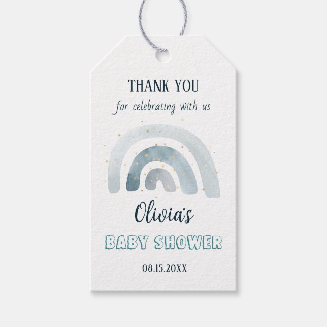 Vattenfärgsboho Blue Rainbow Baby Shower Presentetikett (Framsidan)