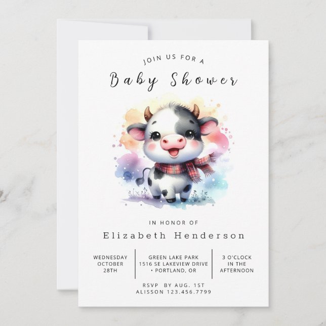Vattenfärgsboho Chic Cow Baby Shower Inbjudningar (Framsida)