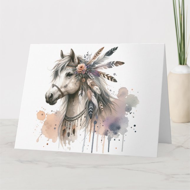 Vattenfärgsboho Horse Note Card Kort (Framsida)