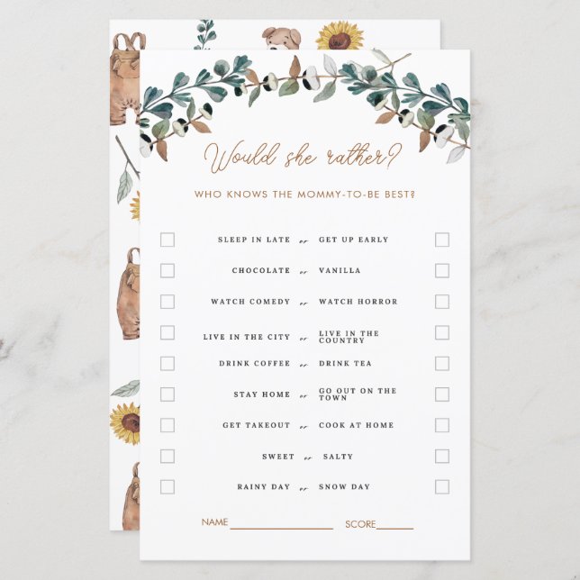 VattenfärgsBoho Kön Neutral Baby Shower Games (Fram/baksida)