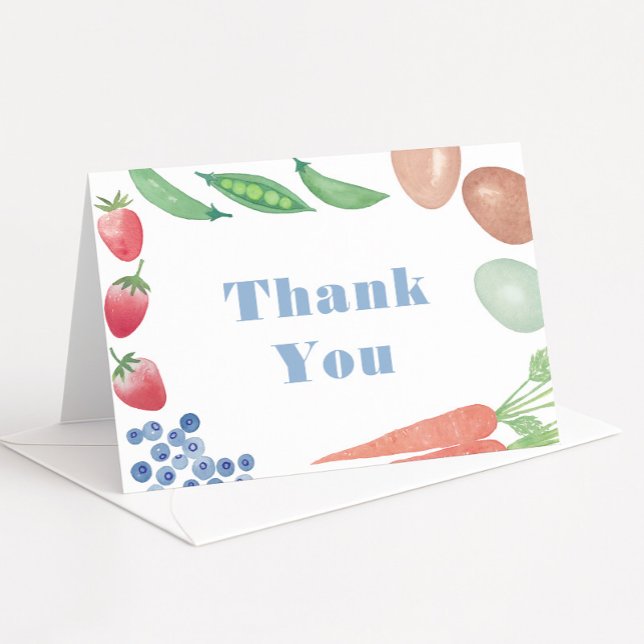 Vattenfärgsbönder marknadspojkbabyskor tack kort (Farmers Market baby boy shower thank you card with blue text and watercolor fruits and veggies)