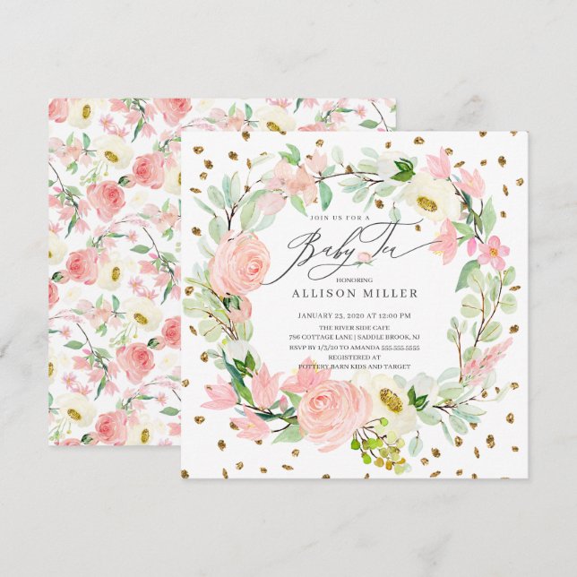Vattenfärgsbonusar Blommigt Baby Tea Shower Inbjudningar (Fram/baksida)