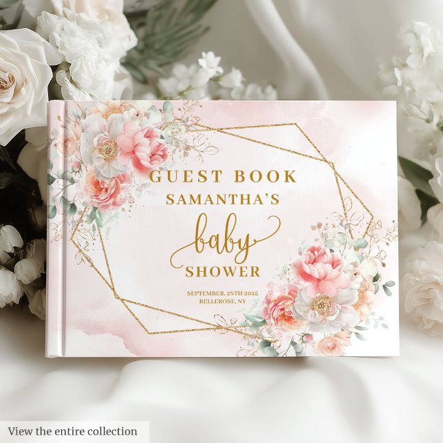 Vattenfärgsbor  rosa  guld gäst bok (Powder pink gold peonies girl baby shower guest book

)