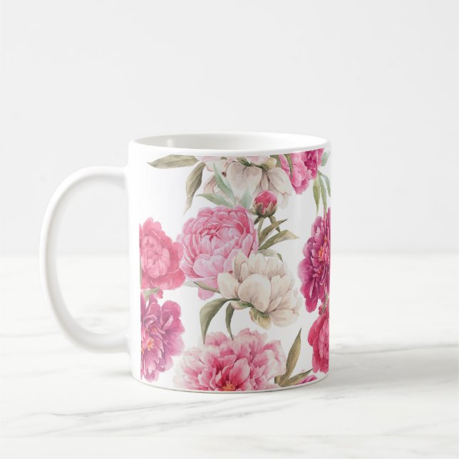 Vattenfärgsbor Rosa Peonies: Blommigt Elegance Kaffemugg (Vänster)