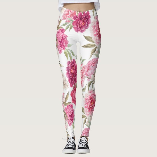 Vattenfärgsbor Rosa Peonies: Blommigt Elegance Leggings (Framsida)