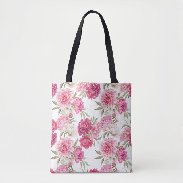 Vattenfärgsbor Rosa Peonies: Blommigt Elegance Tygkasse (Framsida)