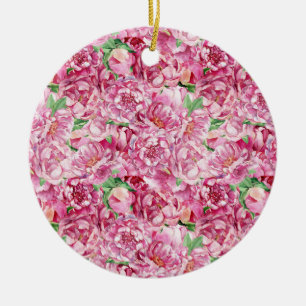 Vattenfärgsbor Rosa Peonies Julgransprydnad Keramik