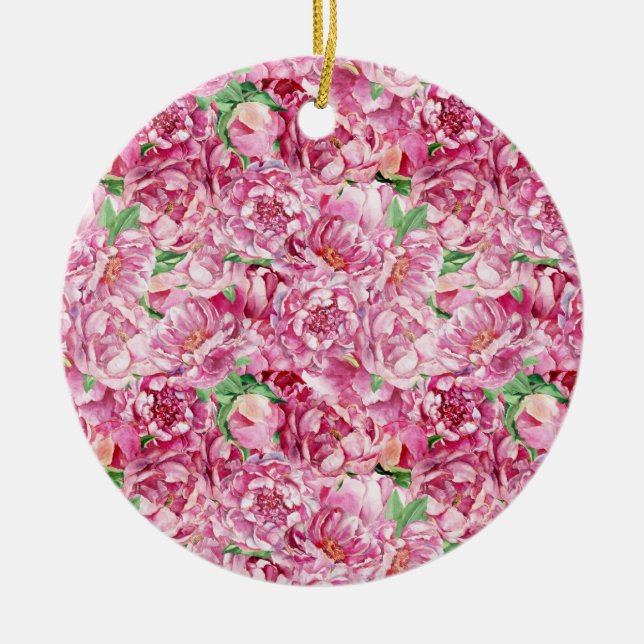 Vattenfärgsbor Rosa Peonies Julgransprydnad Keramik (Framsidan)