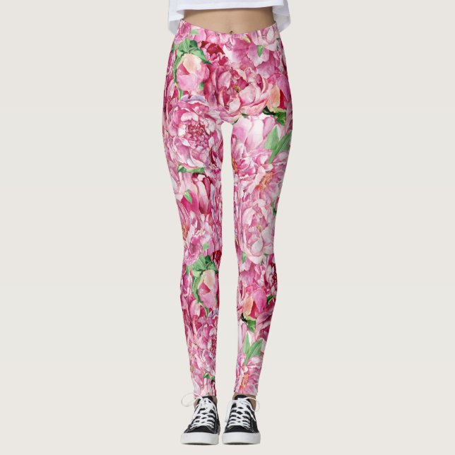 Vattenfärgsbor Rosa Peonies Leggings (Framsida)