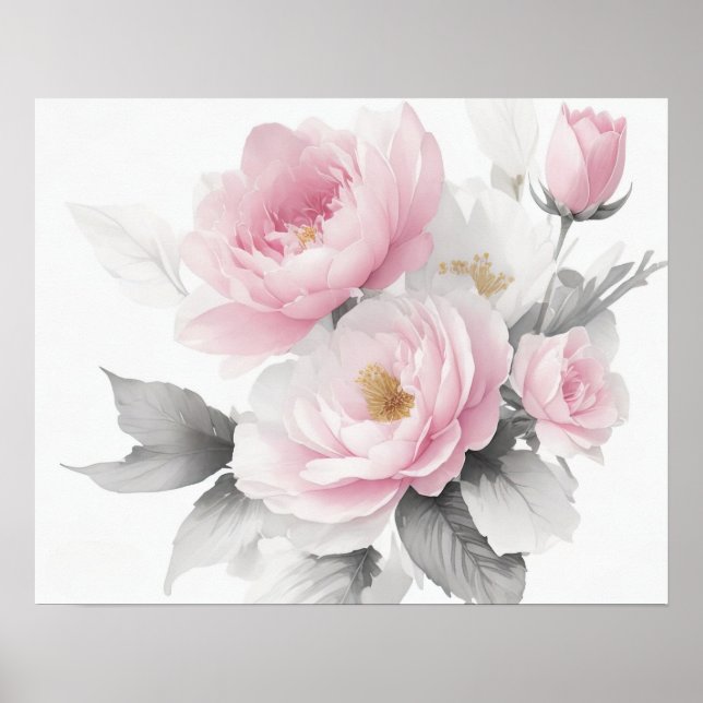 Vattenfärgsbor Rosa Peonies Poster (Framsidan)