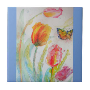 Vattenfärgsbricka Rosa Tulip Blommigt Ceramic Tile Kakelplatta