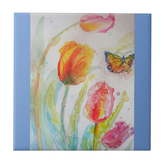 Vattenfärgsbricka Rosa Tulip Blommigt Ceramic Tile Kakelplatta (Framsidan)