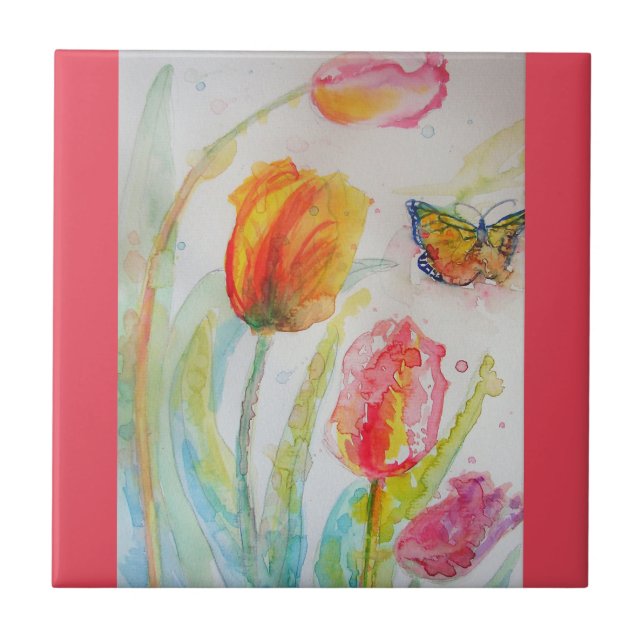 Vattenfärgsbricka Rosa Tulip Blommigt Ceramic Tile Kakelplatta (Framsidan)
