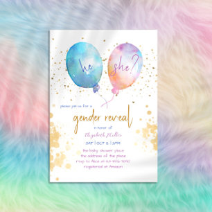 Vattenfärgsbubblor Rosa Blue Glitter Gender Reveal Inbjudningar