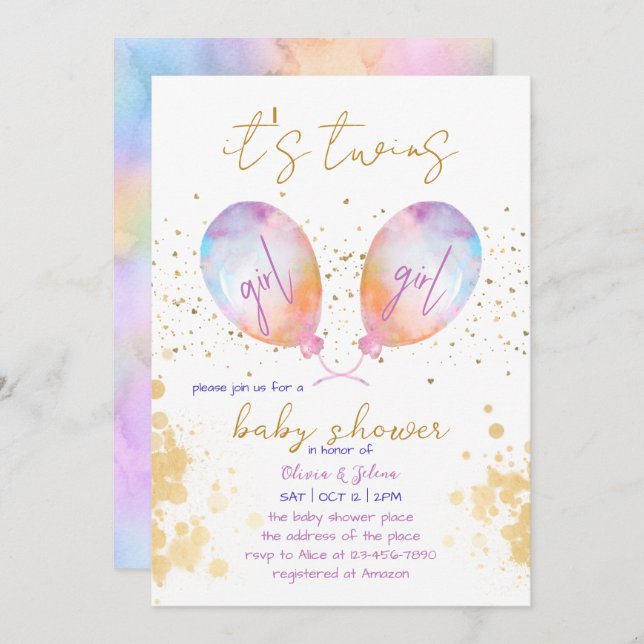 Vattenfärgsbubblor Rosa Twin Girl Baby Shower Inbjudningar (Fram/baksida)