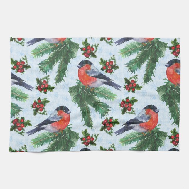 vattenfärgsbullfink kökshandduk (Horisontell)