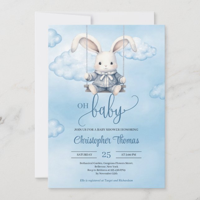 Vattenfärgsbunny i baby på vinge i himlar inbjudningar (Framsida)