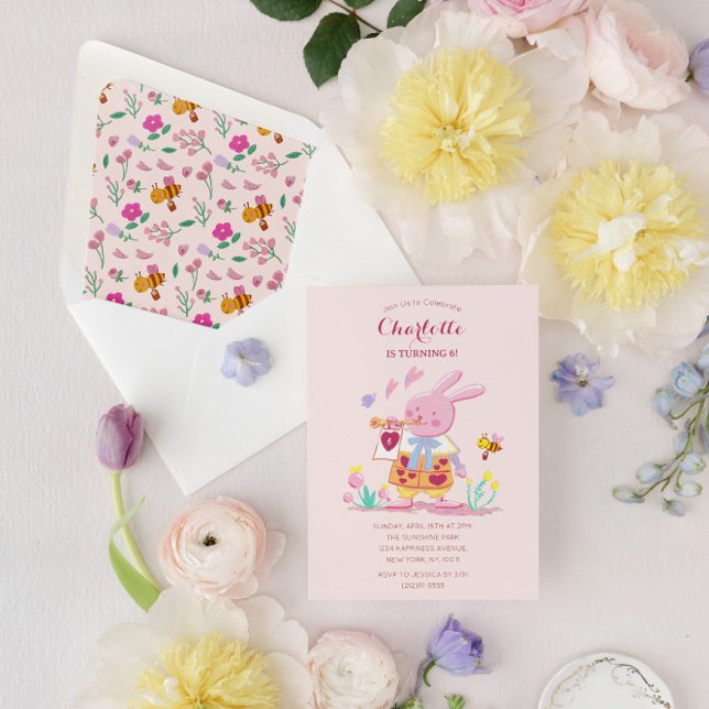 vattenfärgsbunny i rosan barns födelsedag inbjudningar (Skapare uppladdad)