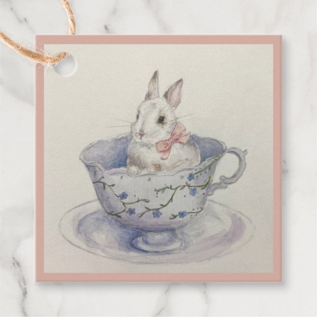 Vattenfärgsbunny i Tekopp | Whimsical Square Gift Gåvor Etiketter (Framsida)